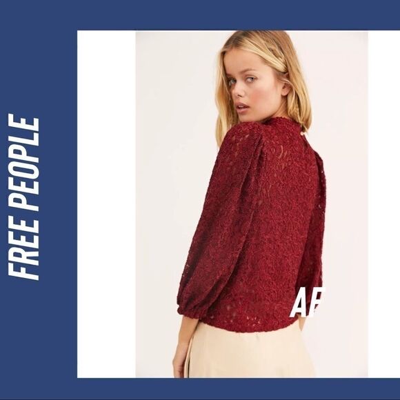 FREE PEOPLE MOCK NECK SHEER LACE BLOUSE WINE - Picture 2 of 8